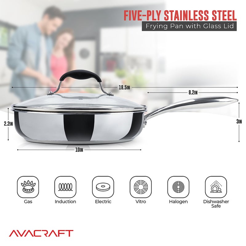 AVACRAFT 18/10 10 Inch Stainless Steel Frying Pan with Lid, Side Spouts, Induction, Versatile Stainless Steel Skillet - Image 2